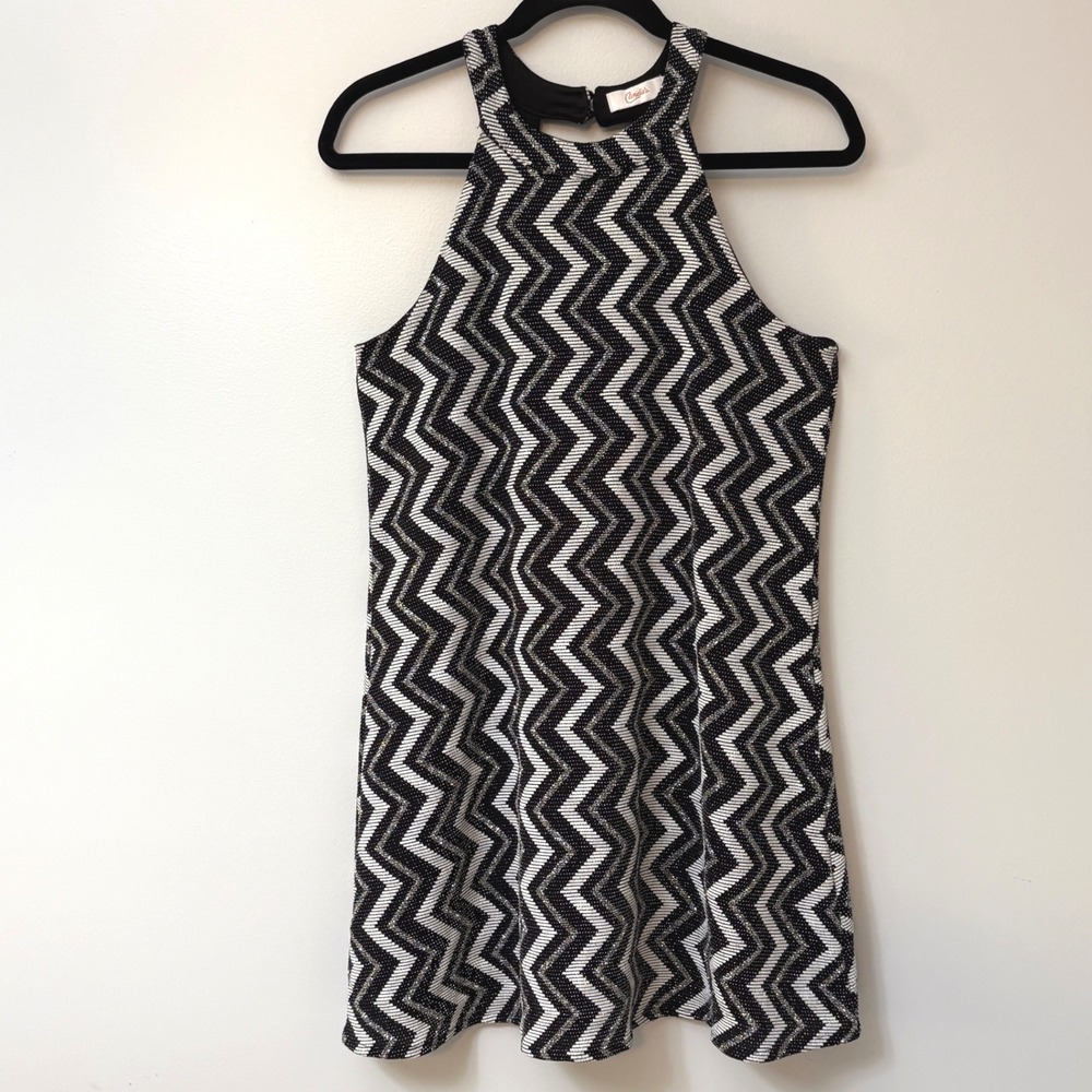 Candies Metallic Halter Mini Dress Sz M Zigzag Black White New Years Club Party